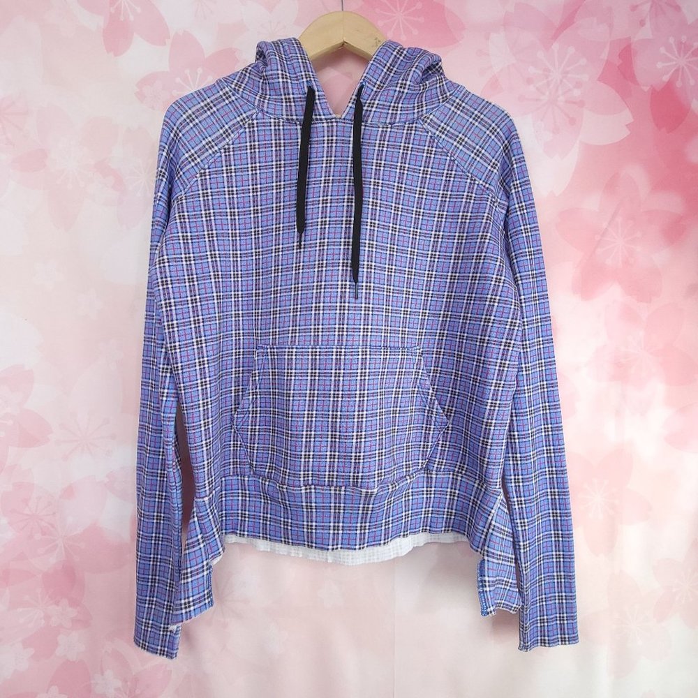 Frank & Eileen Distressed Pullover Fleece Hoodie Blue Plaid Hoodie Size S
